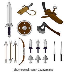 Vector Cartoon Set of Different Weapons isolated on white background. Shield,Bow, Axe, Sword, Dagger, Stylet, Knife. Medieval Equipment. Adventure Items. Vector illustration for Your Design, Game.