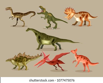 Vector cartoon  set of a dinosaurs. T-REX,  Tyrannosaur, Velociraptor, Triceratops, Brontosaurus, Parasaurolophus, Stegosaurus, Pteranodon. 