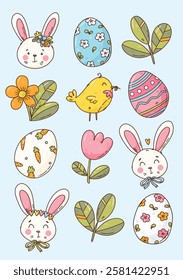 vector cartoon set with eggs and bunnies. cute print for Easter holiday