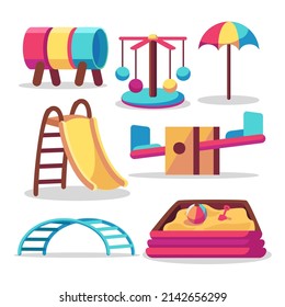 Vector cartoon set of elements of children playground.  Illustration with isolated elements. Park amusments.