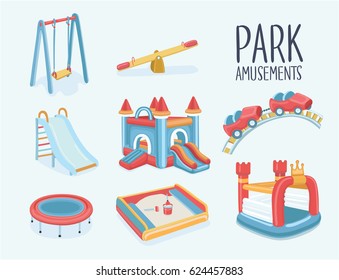 Vector cartoon set of elements of children playground. Swings, sandpit, sandbox, slide, bouncer castle, trampoline, roller coaster, seesaw. Illustration with isolated elements. Park amusments.