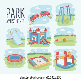 Vector cartoon set of elements of children playground. Swings, sandpit, sandbox, slide, bouncer castle, trampoline, roller coaster, seesaw. Kids playground on nature background. Park amusments.