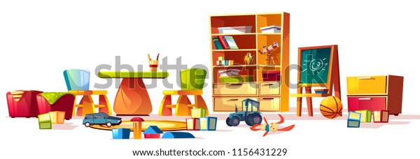 Vector cartoon set of elements for interior\
childrens kindergarten, playground. Recreational stuff and games,\
furniture of kids room, preschool. Toys for teaching infants -\
cubes, cars and\
blackboard.