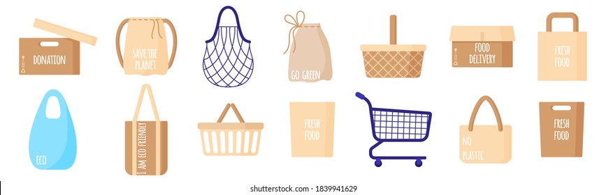 Vector cartoon set of empty eco paper grocery bags, baskets, cart, box, string and turtle bag for healthy food isolated on white background. Caring for the environment concept. Eco-food shopping.