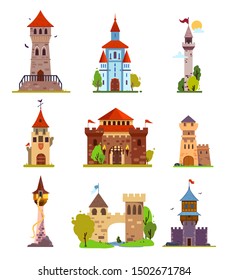 Vector cartoon set of fairytale castle, medieval towers. Different fantasy and gothic castles and citadels, with fabulous elements, for stickers and children's illustrations.