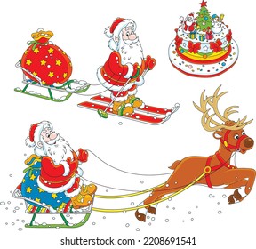 Viñeta vectorial con una elegante tarta dulce de Navidad, Santa Claus esquiando con su bolsa de regalos de vacaciones, dormido con un reno mágico volador