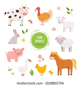 Vector Cartoon Set Of Farm Baby Animals Isolated On White Background. Cute And Happy Hand Drawn Cow, Turkey Bird, Goat, Sheep, Horse, Pig, Hen, Bunny And Goose. Cheerful Kids Illustration