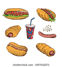Vector cartoon set of fast food. Hot dog, sausage in dough, grill, soda.Isolated on white.  For a restaurant, a menu, a street kitchen, a bakery, a cafe, a flyer
