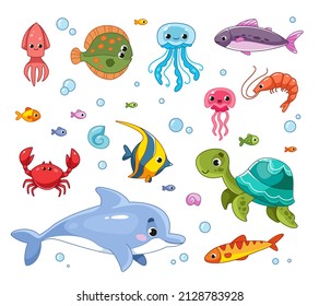 Vector Cartoon Set Of Fish, Marine Animals, Turtle, Flounder, Jellyfish, Shrimp, Dolphin. Cute Illustration For Kids. Clipart Collection, Isolate On White Background.