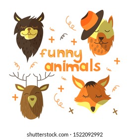 Vector cartoon set of flat funny animal characters