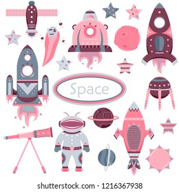 The vector cartoon set with flat spaceships, planets, satellites and cosmonaut. Funny characters.