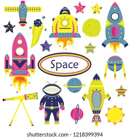 The vector cartoon set with flat spaceships, planets, satellites and cosmonaut. Funny characters.