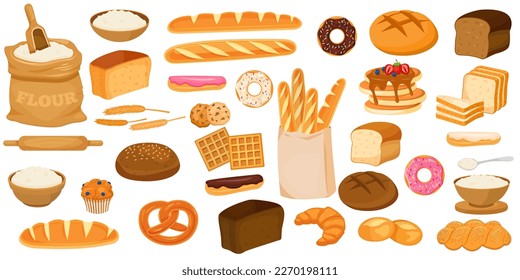 Vector cartoon set of flour bakery products. Freshly baked bread. Juicy elements of delicious food for your design. Eps 10.