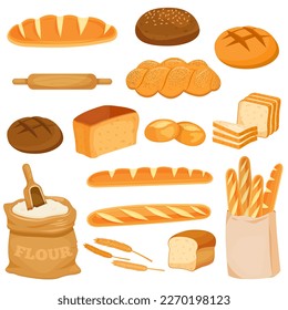 Vector cartoon set of flour bakery products. Freshly baked bread. Juicy elements of delicious food for your design. Eps 10.