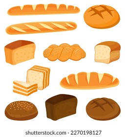 Vector cartoon set of flour bakery products. Freshly baked bread. Juicy elements of delicious food for your design. Eps 10.