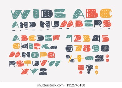 Vector cartoon set of Font alphabet wide style. ABC Letters and numbers on white background.