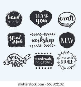 Vector cartoon set of freehand labels: Handmade, crafts workshop 