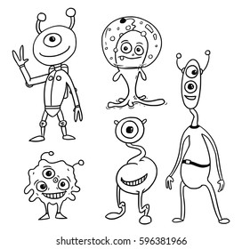  Vector Cartoon set of friendly aliens