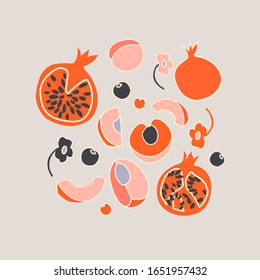 Vector cartoon set with fruits, pomegranate, peach, berries on the white background. Flat style. Vector clip art. For web banners, poster, package, cover, elements for children book. Isolated. Vegan.