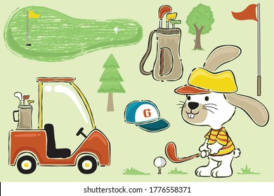 Vector cartoon set of funny bunny playing golf with golf elements