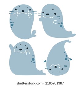 vector cartoon set of funny cute fur seals in various poses isolated on white background. useful for web, graphic design, print, patterns, wallpapers, baby products, aquarium, swimming pool, bathroom
