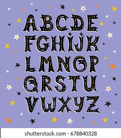 Vector cartoon set of funny Latin alphabet. Set of hand drawn  uppercase letters  isolated on  blue  background with stars. Design elements.