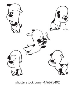 Vector cartoon set of funny little dogs: standing on his hind legs, sitting and crying, jumping for a stick, showing that he is good and pooping on a white background. Made in a monochrome style.