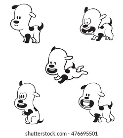 Vector cartoon set of funny little dogs: standing, rejoicing something, running happily, begging something and with a ball in his mouth on a white background. Made in a monochrome style.