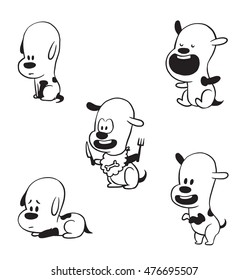 Vector cartoon set of funny little dogs: sitting sadly, sitting with his mouth open, with knife and fork, laying sad and standing on his hind legs on a white background. Made in a monochrome style.