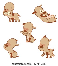 Vector cartoon set of funny little dogs: baring his fangs, lying on his back, with a bone in mouth, sitting and howling and walking somewhere on a white background. Color image with a brown tracings.