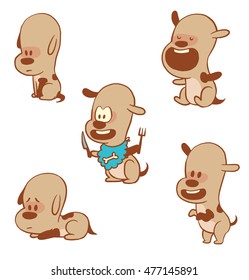 Vector cartoon set of funny little dogs: sitting sadly, sitting with his mouth open, with knife and fork, laying sad and standing on hind legs on a white background. Color image with a brown tracings.