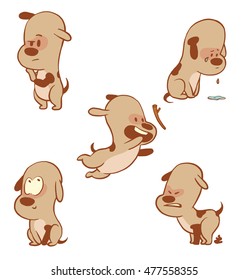 Vector cartoon set of funny little dogs: standing on his hind legs, sitting and crying, jumping for a stick, showing that he is good and pooping on white background. Color image with a brown tracings.
