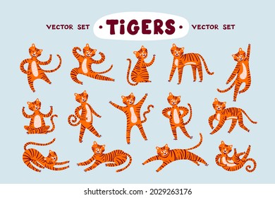 Vector cartoon set with funny tigers. Collection on the theme of wild nature and animals. Flat colorful illustrations for use in design