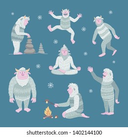 Vector cartoon set of funny yeti in different poses