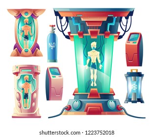 Vector cartoon set with futuristic equipment for hibernation, cryogenic cameras with sleeping humans inside. Modern cryonics technology, astronauts in capsules with cryogen for travel in deep space