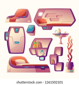 Vector cartoon set with futuristic objects for spaceship cockpit isolated on background. Furniture for spacecraft interior, compartment for sleeping, bed, metal door, shelves and chair, pot with plant