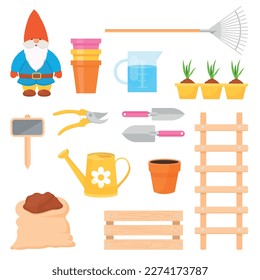 Vector cartoon set with garden objects and tools. The concept of caring for seedlings and vegetable garden. Farm work. Elements for your design.