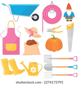 Vector cartoon set with garden objects and tools. The concept of caring for seedlings and vegetable garden. Farm work. Elements for your design.