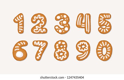 Vector cartoon set of Gingerbread arabic numbers - holidays Christmas ginger cookie isolated on white background. Merry Christmas and Happy New Year cookie numbers cover by icing-sugar, sugar syrop