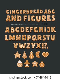 Vector cartoon set of gingerbread Cookie latin font with full english alphabet and holidays figures. Merry Christmas set on dark background.