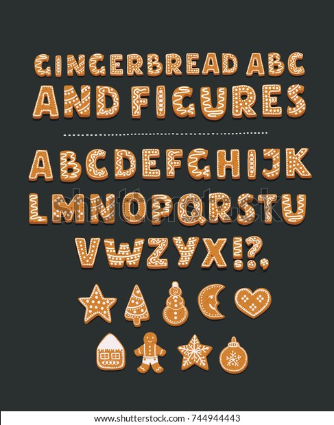 英語のアルファベットと祝日の数字を含む ジンジャーブレッドcookieのラテンフォントのベクターカートーンセット 暗い背景にメリークリスマスセット のベクター画像素材 ロイヤリティフリー