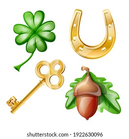 Vector cartoon set of good luck symbols: clover, golden key, horseshoe, acorn. Isolated on white background.