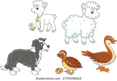 Vector cartoon set of a goose, a white sheep with a little lamb, a small partridge and a funny dog