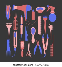 Vector cartoon set with hairdresser supplies isolated on background. Different combs and brushes, hair dryer and curling iron, scissors. Scandinavian colorful style. Blue and pink colors. 