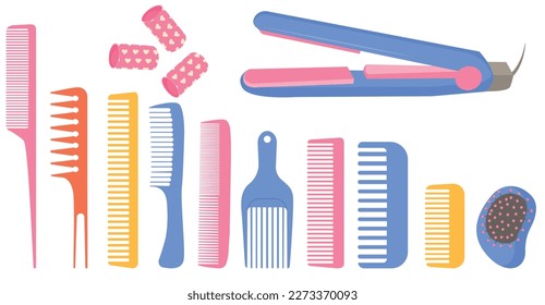Vector cartoon set with hairdressing tools for a beauty salon. The concept of self-care and beauty services. Cute elements for your design