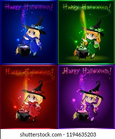 Vector cartoon set of halloween greeting cards with little witches in and hat stir boiling potion with broomstick in cauldron on sparkling glowing background. Blue, purple, red, green baby witches.