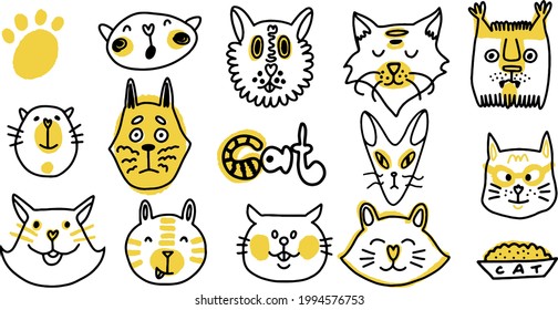 Vector cartoon set of hand drawn funny cats for your card design. Cartoon cats avatar. Vector illustration.	