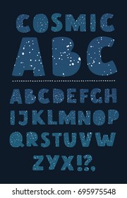 Vector cartoon set of hand drawn ABC in space and cosmic star style on black background and punctuation sights on dark background for print and posters