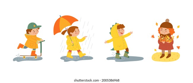 Vector cartoon set of happy kids representing the autumn outdoor activity. Little girls and boys riding a scooter, jumping in a puddle, walking in the rain with an umbrella, collecting autumn leaves.