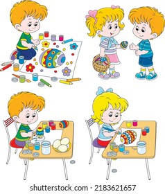 Vector cartoon set of happy little kids drawing decorated Easter eggs